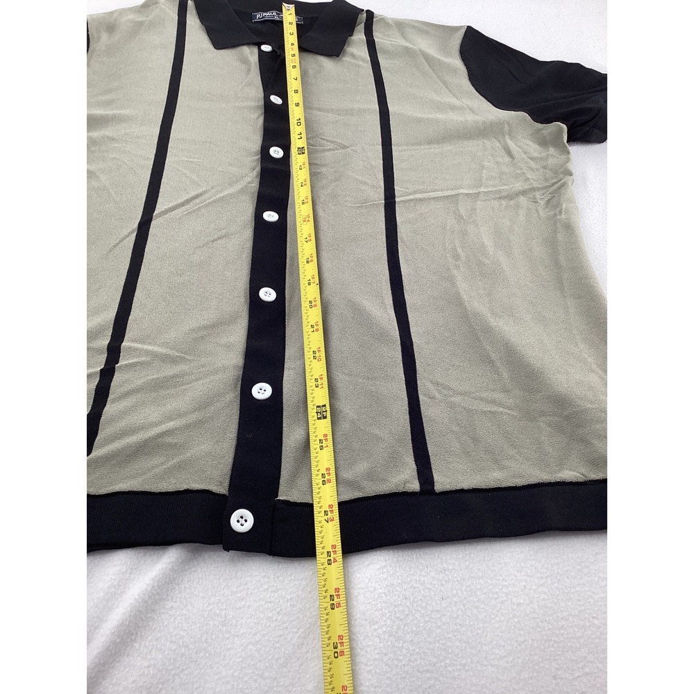 PJ Paul Jones Mens XL Knit Polo Shirt Sage Green Black Vertical Stripe Button Up - Picture 4 of 7